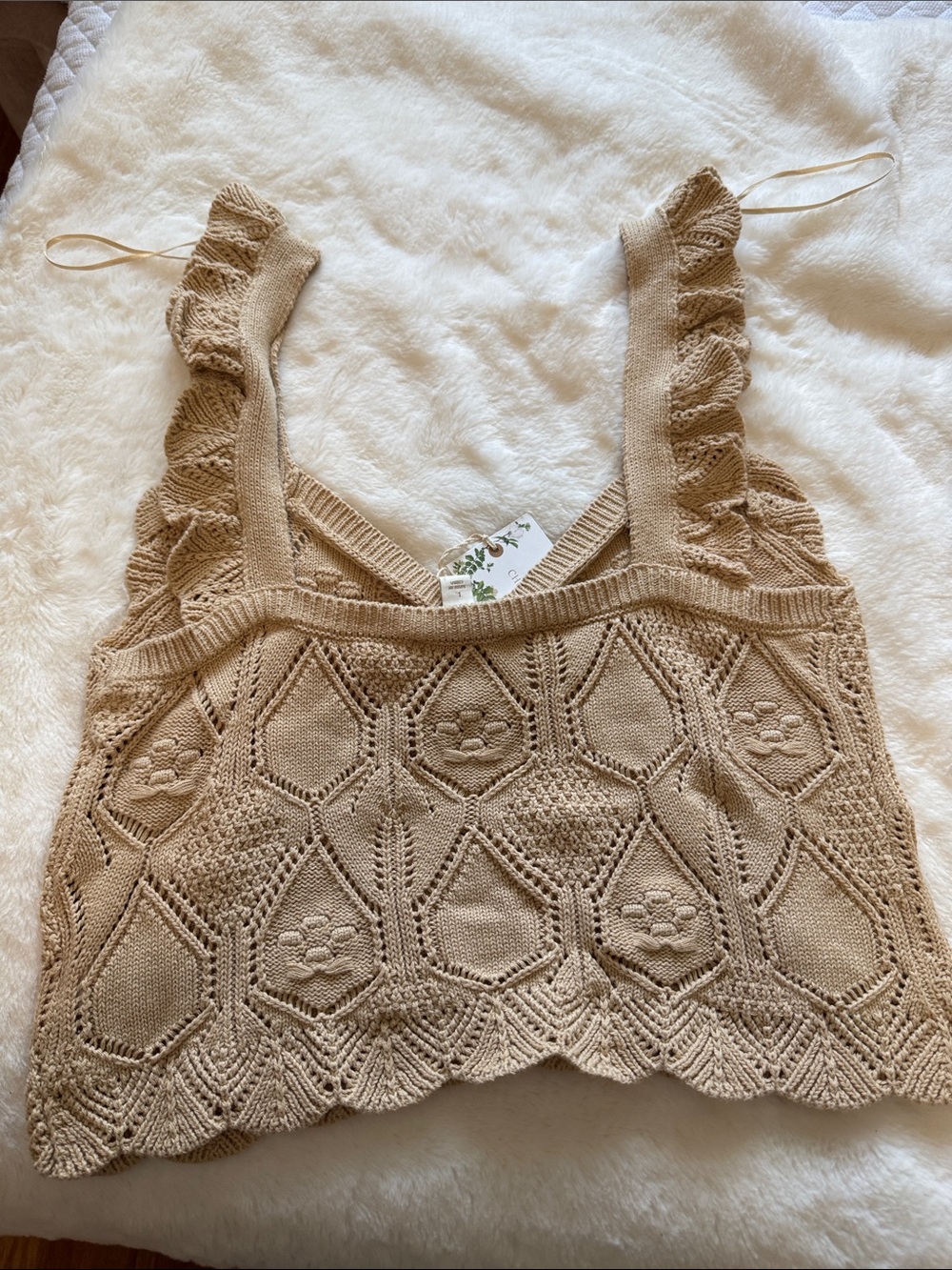 Ruffled Knit Tank Top in Beige